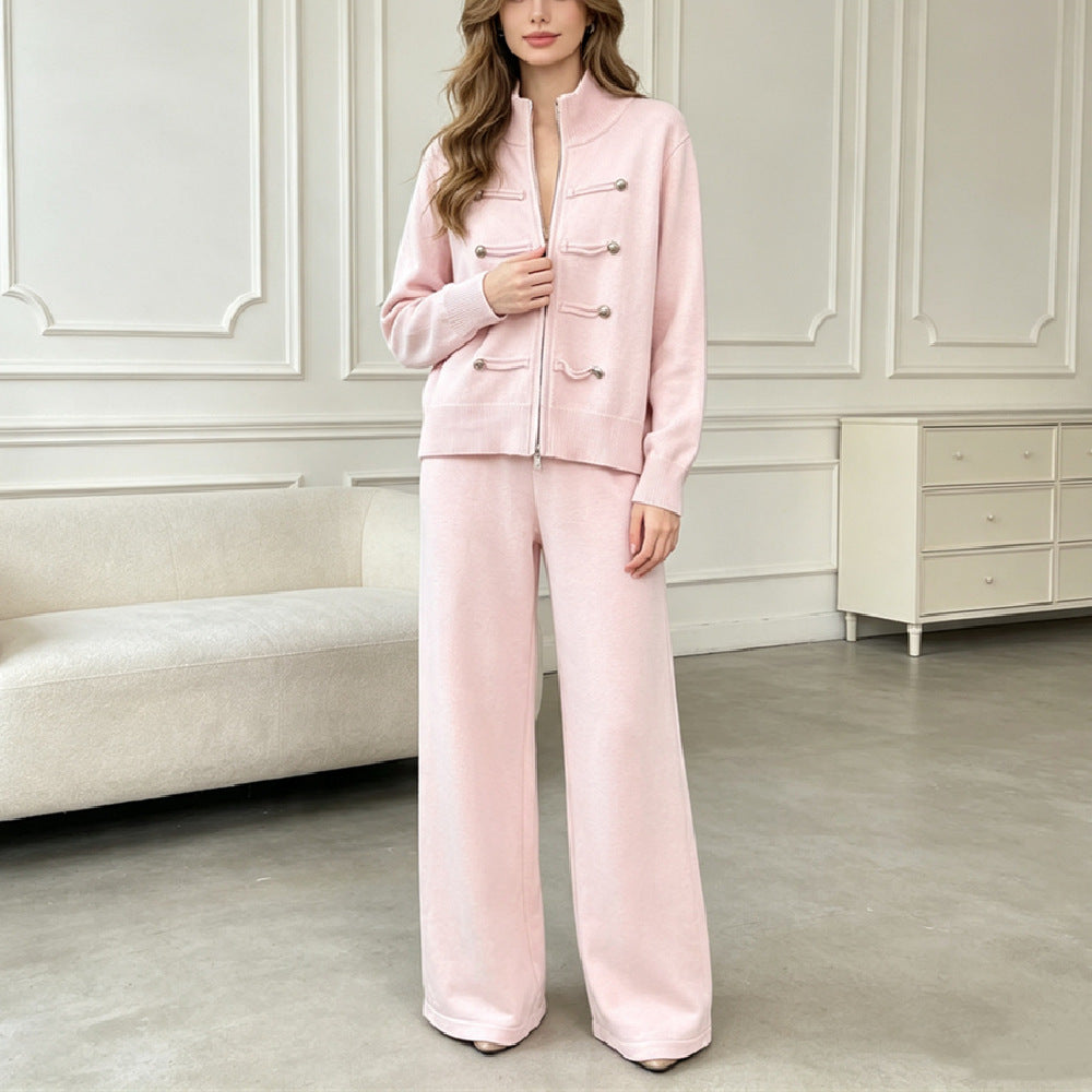 Conjunto de punto con cárdigan de doble cremallera y pantalón