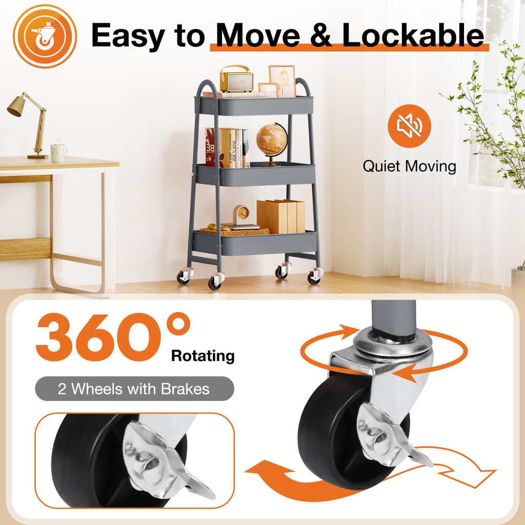 Carrito organizador metálico de tres niveles con ruedas — gris