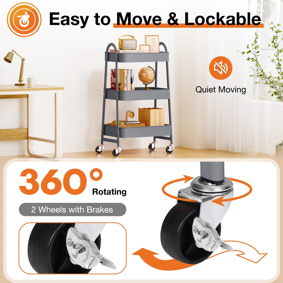 Carrito organizador metálico de tres niveles con ruedas — gris
