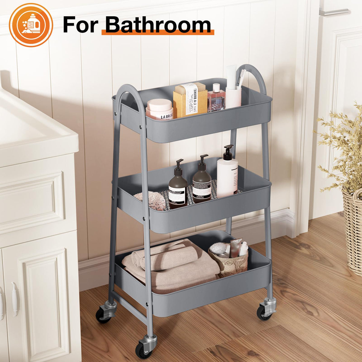 Carrito organizador metálico de tres niveles con ruedas — gris