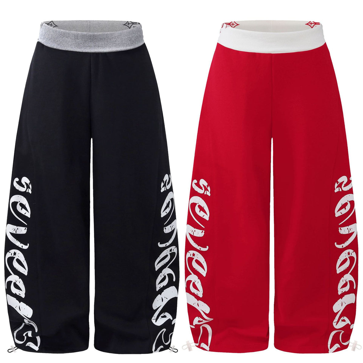 Pantalón deportivo ancho con letras laterales y cintura a contraste
