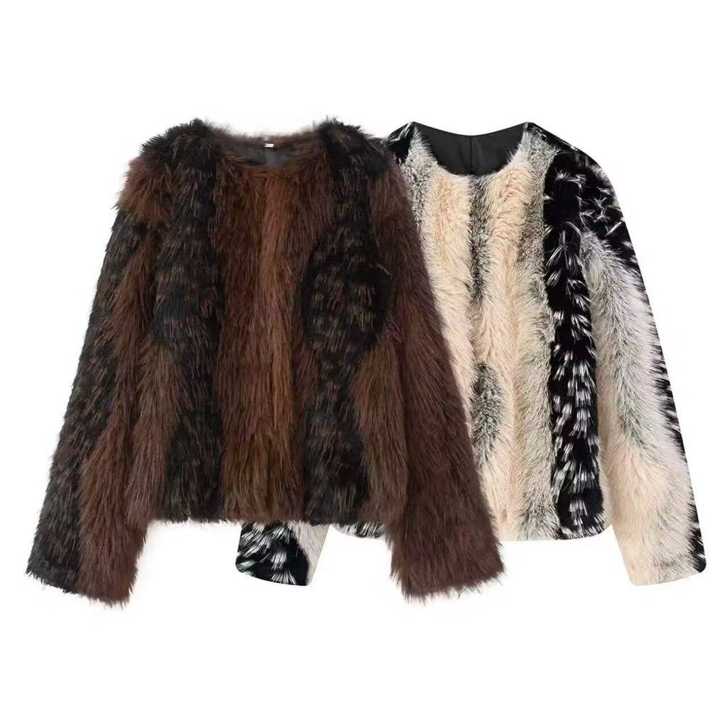 Chaqueta de pelo sintético con estampado y cuello redondo