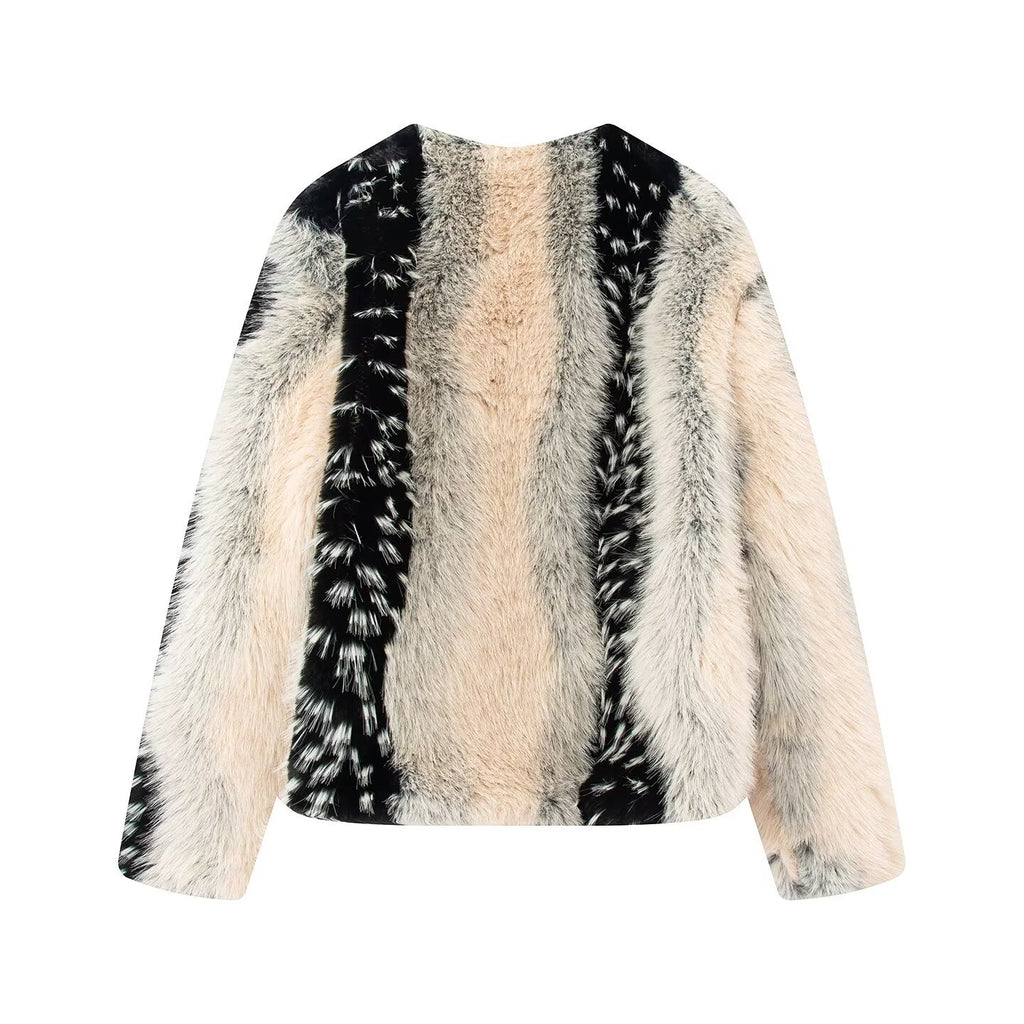 Chaqueta de pelo sintético con estampado y cuello redondo