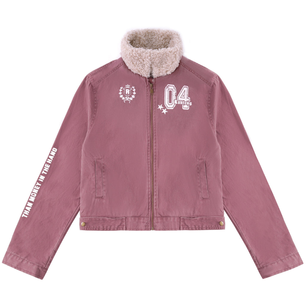 Chaqueta motera corta estampada con cuello de borreguito