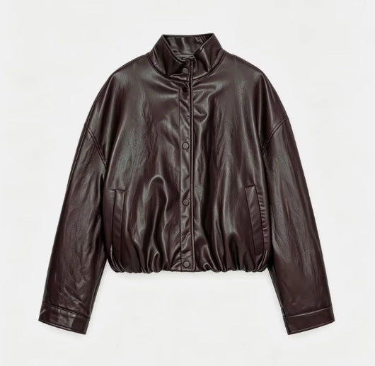 Chaqueta de PU de cuello alto con botones y cremallera