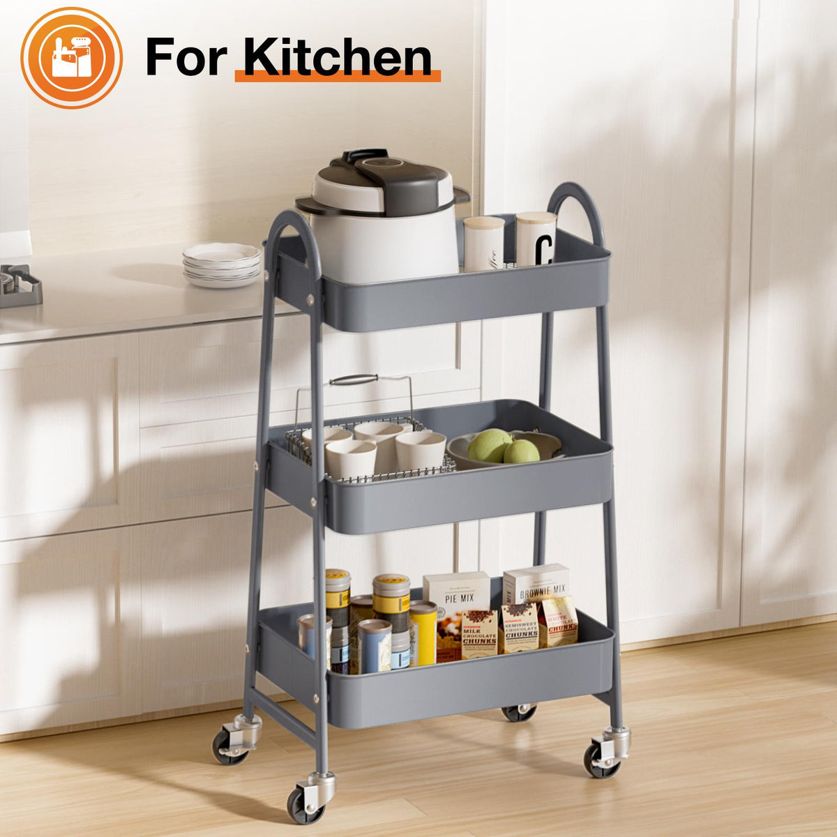Carrito organizador metálico de tres niveles con ruedas — gris