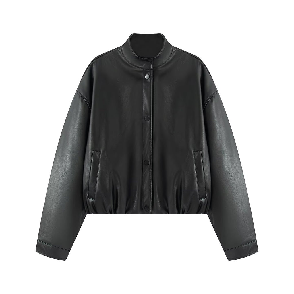Chaqueta de PU de cuello alto con botones y cremallera