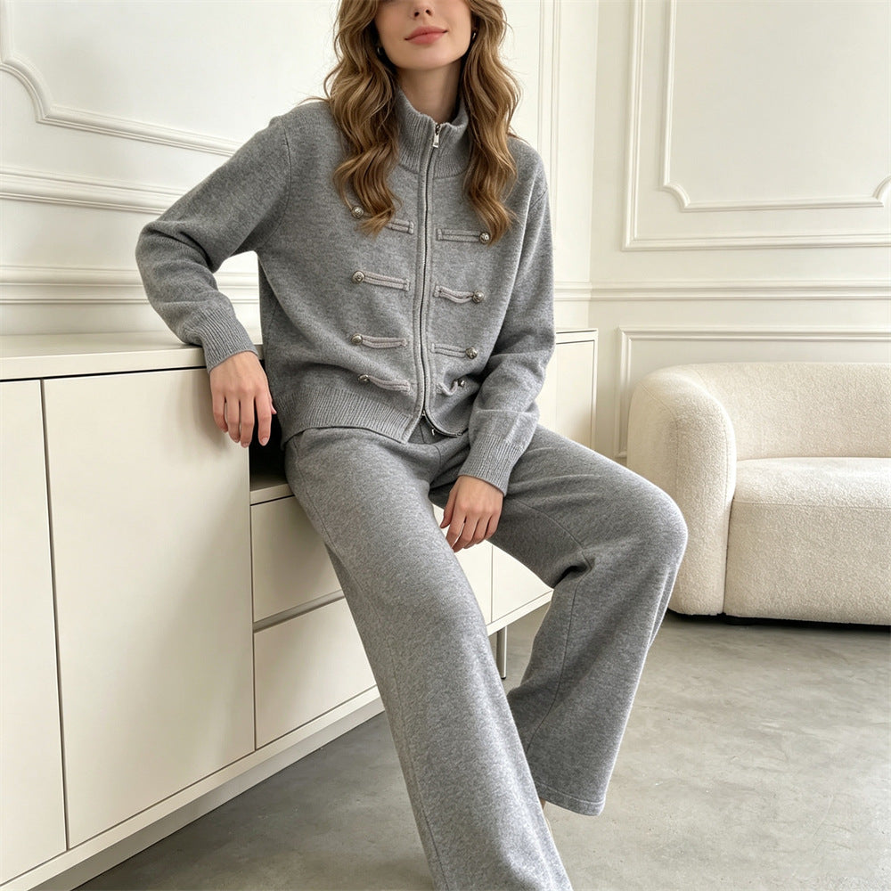 Conjunto de punto con cárdigan de doble cremallera y pantalón