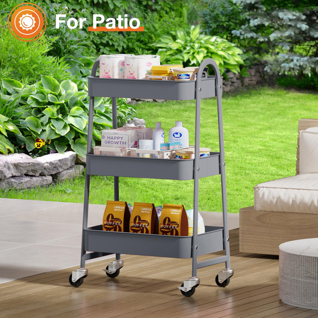 Carrito organizador metálico de tres niveles con ruedas — gris