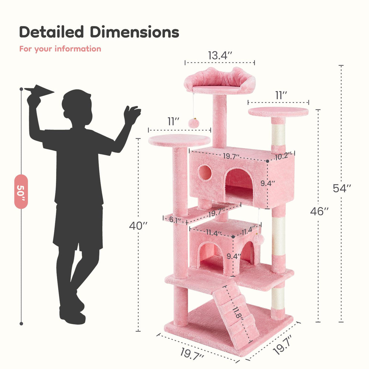 Árbol para gatos con casita, rascador y rampa — rosa