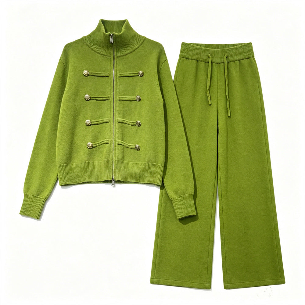 Conjunto de punto con cárdigan de doble cremallera y pantalón