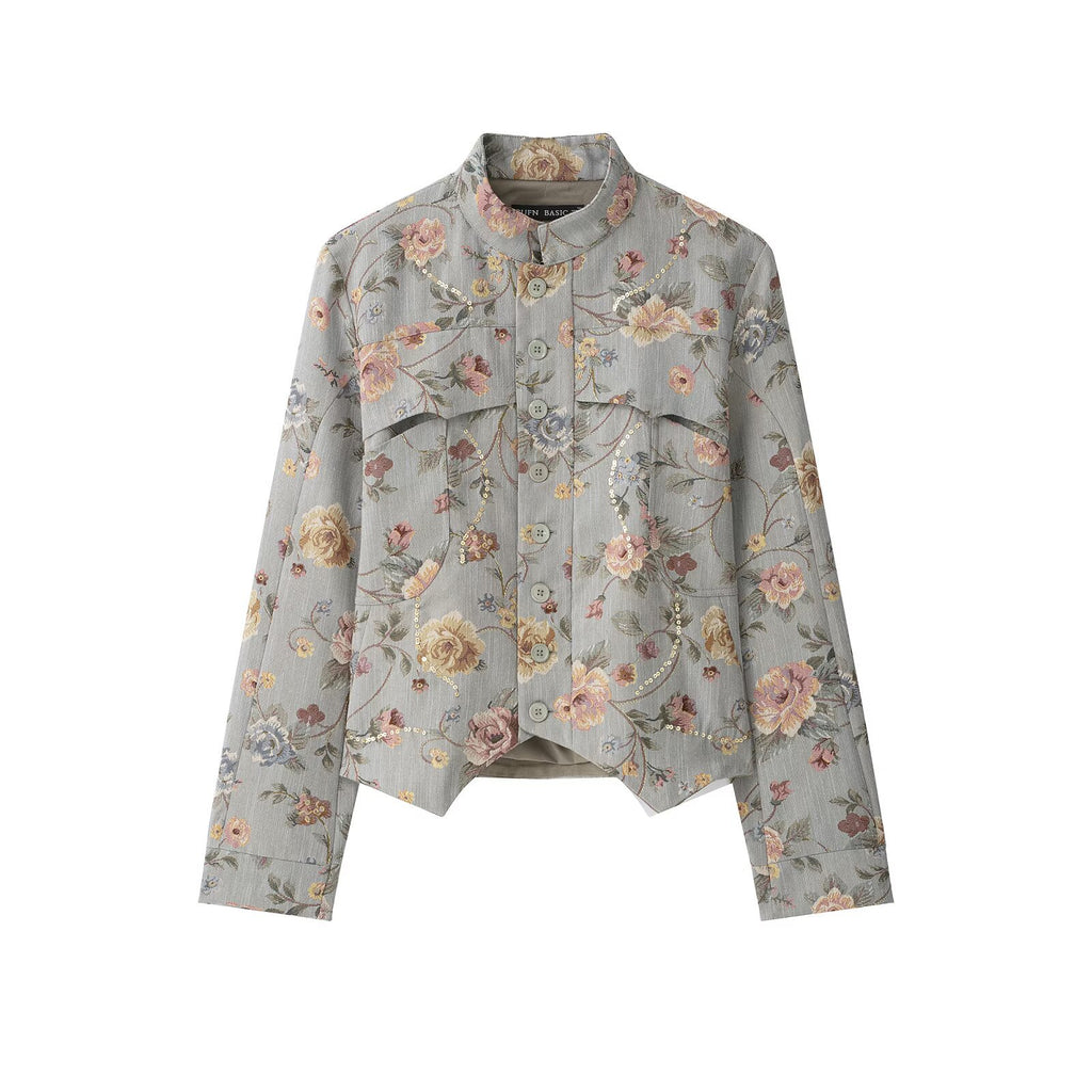 Chaqueta jacquard de cuello alto y botones