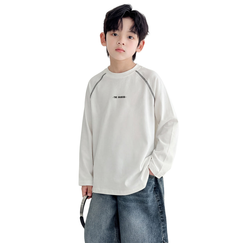 Camiseta infantil blanca de manga larga y cuello redondo