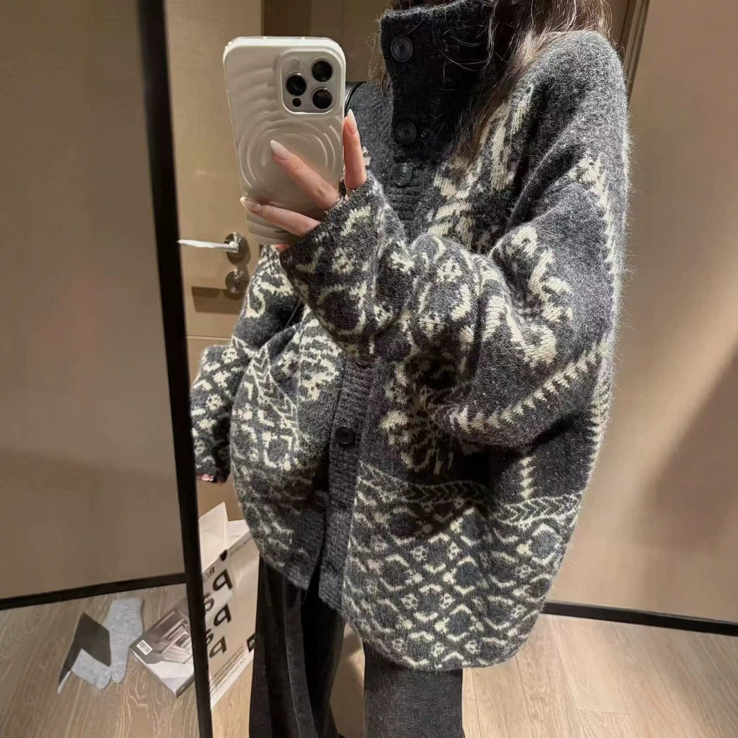 Cárdigan holgado con cuello de solapa y diseño geométrico