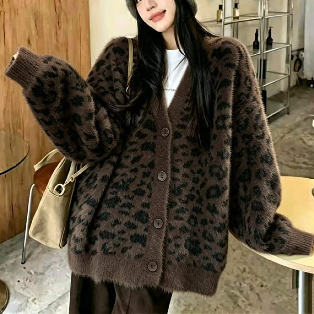 Cárdigan holgado con estampado de leopardo y cuello en V
