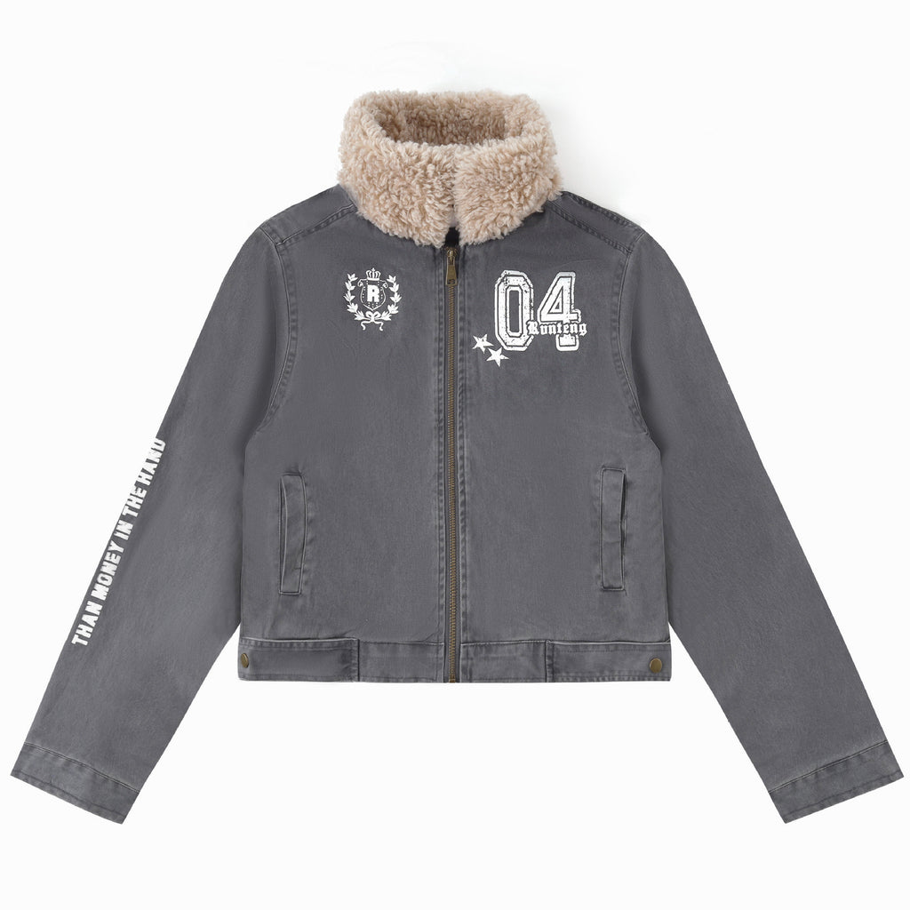 Chaqueta motera corta estampada con cuello de borreguito