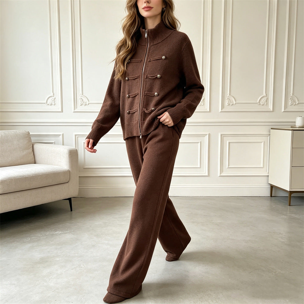 Conjunto de punto con cárdigan de doble cremallera y pantalón