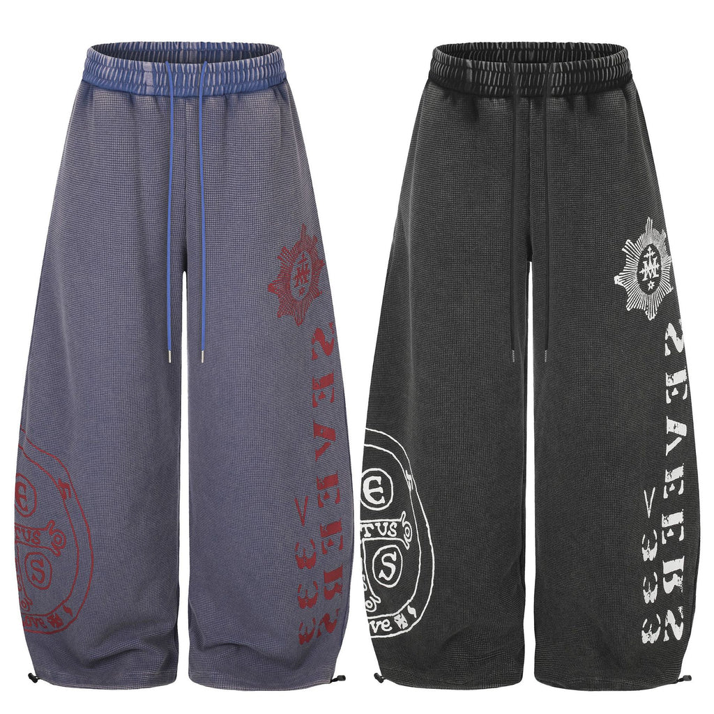 Pantalón ancho tipo waffle con cintura elástica y cordón