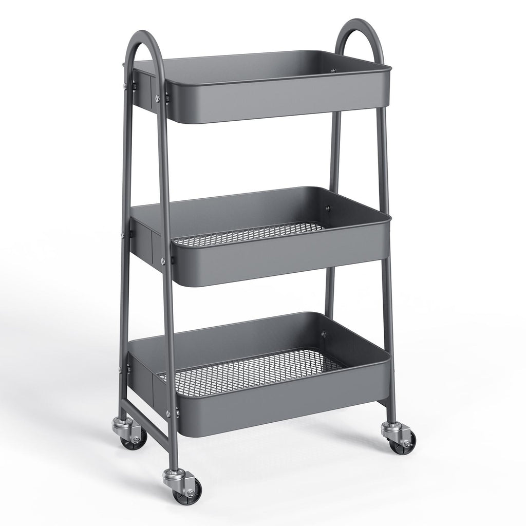 Carrito organizador metálico de tres niveles con ruedas — gris
