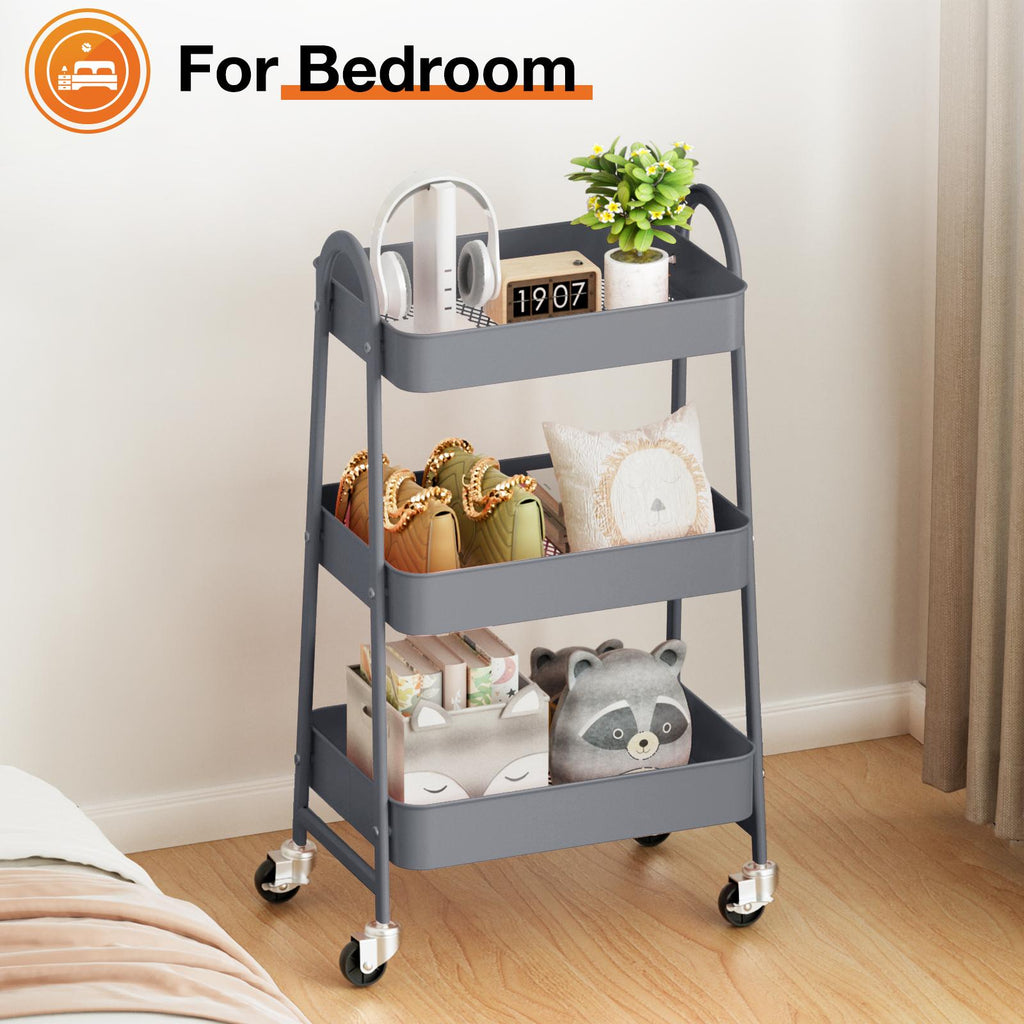 Carrito organizador metálico de tres niveles con ruedas — gris