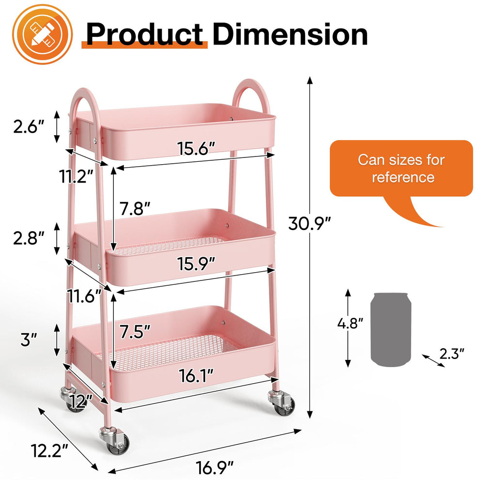 Carrito organizador metálico de tres niveles con ruedas — rosa